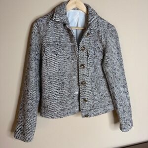 Women's Gray Textured Herringbone Jacket Gold Button Detail Moto‎ Style